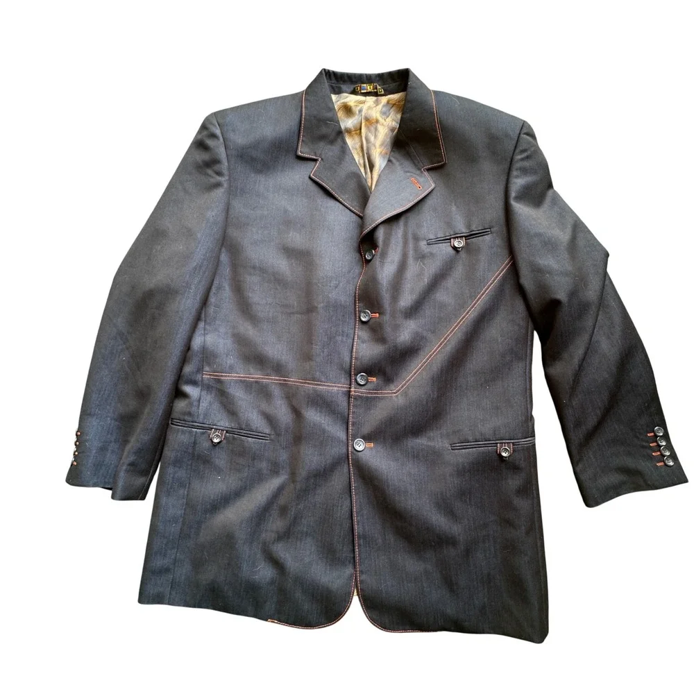Mecca Mens Dark Indigo Blazer Contrast Orange Stitching Denim Style Jacket